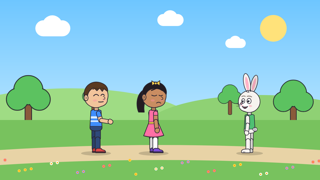 Cartoon characters Leo and Mia playing with a red ball in a park, made with Cartoon Studio